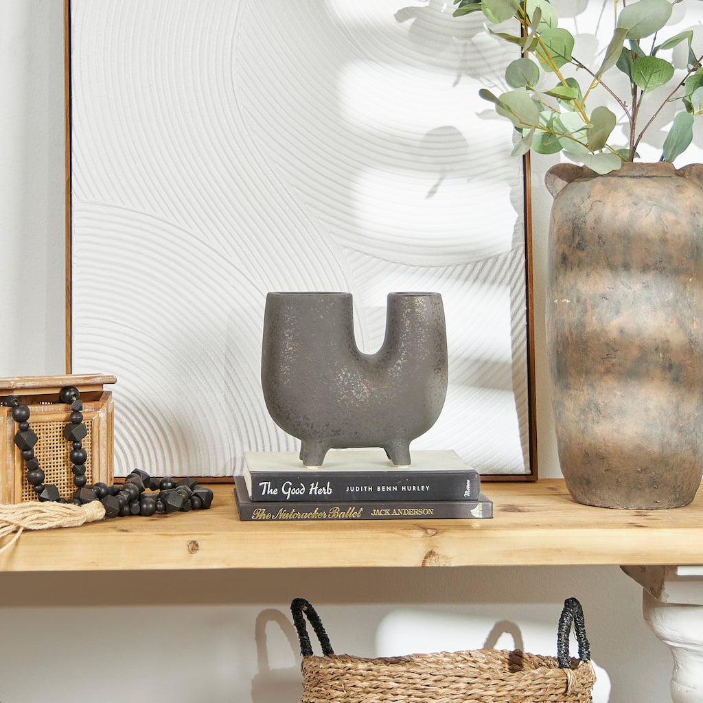 CosmoLiving by Cosmopolitan Dark Gray Ceramic U-Shaped Abstract Decorative Vase with Small Feet - 9"W, 8"H
