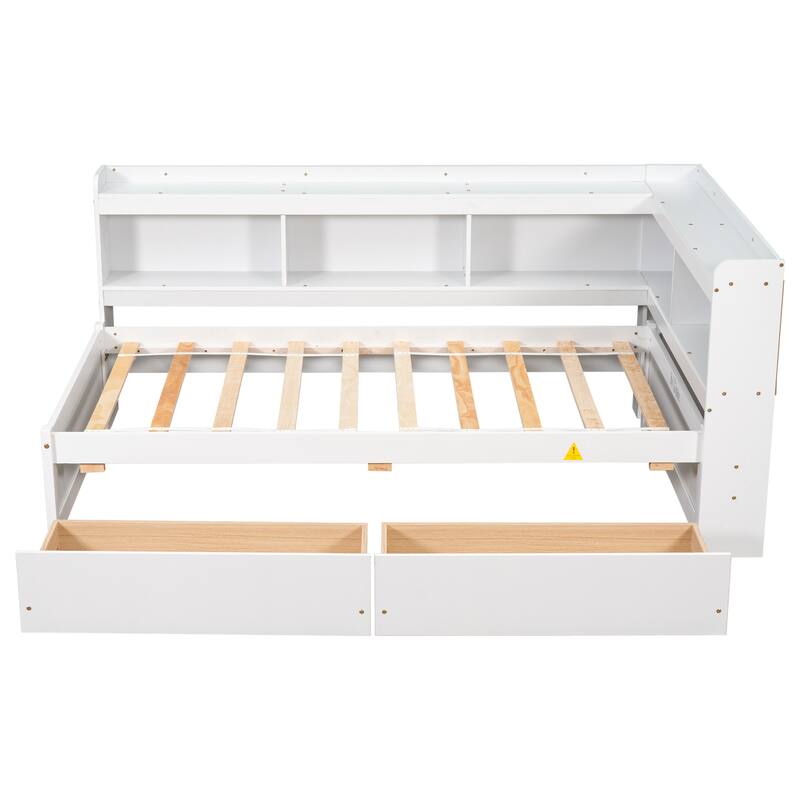 Full Bed with L-Shaped Bookcase and Storage Drawers, Space-Saving Design