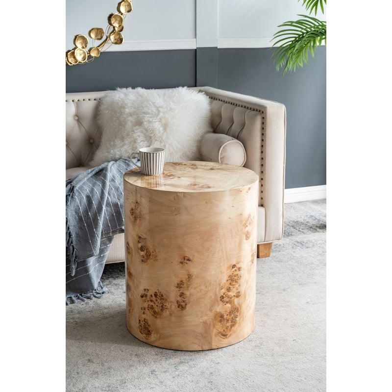 Burl Wood Cylinder Side Table Natural Grain End Table for Living Room - Brown