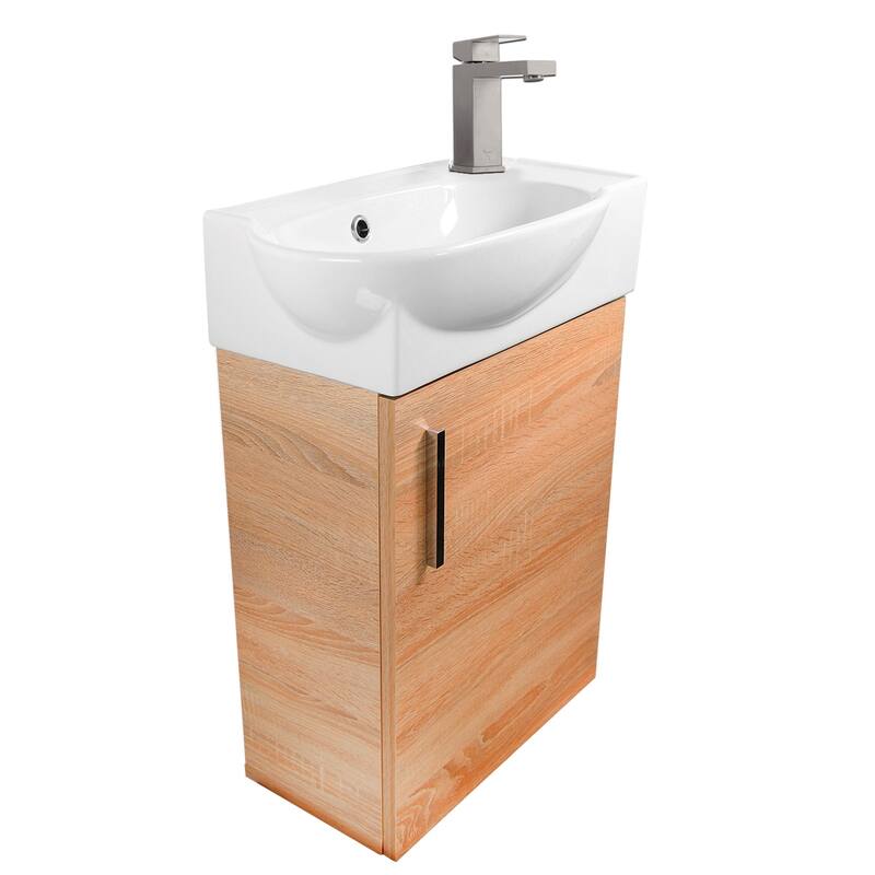 Wall Vanity and Mirror Set with Drain & Faucet - Oak