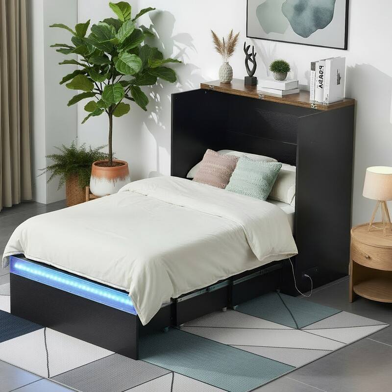 Murphy Bed with Storage Drawer,Smart LED Lighting & Built-in Charging Station, Space-Saving Cabinet Bed for Kids,Adults,Black - Twin