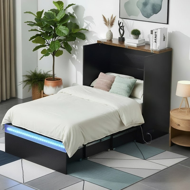 Murphy Bed with Storage Drawer,Smart LED Lighting & Built-in Charging Station, Space-Saving Cabinet Bed for Kids,Adults,Black