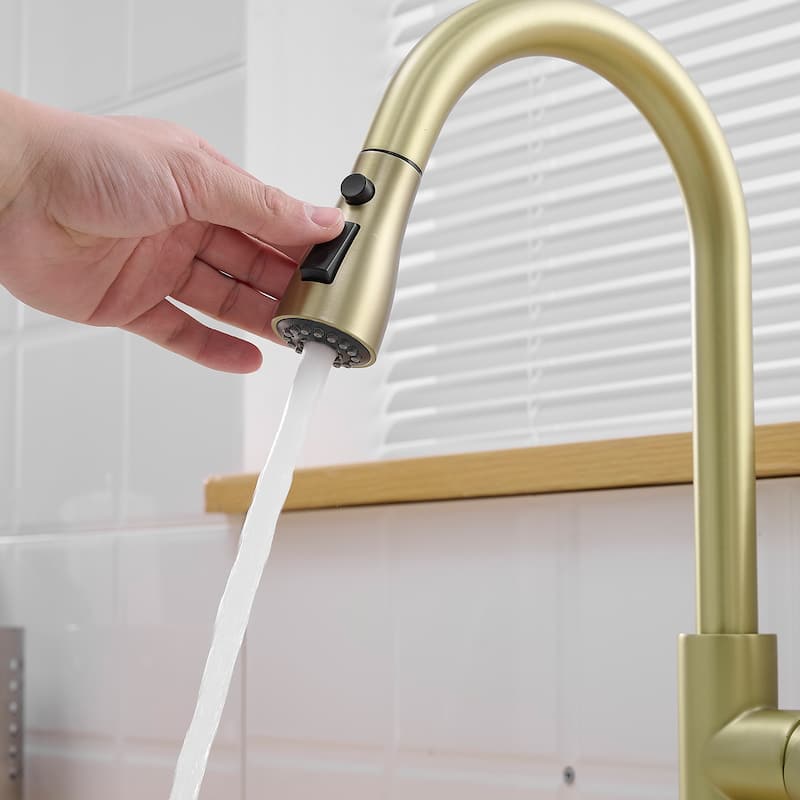 Brushed Gold Single Handle Pull-out Kitchen Faucet with Plate