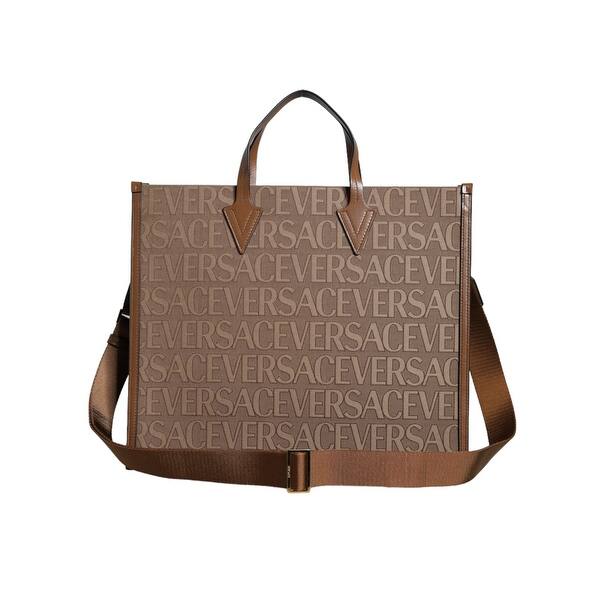 Versace Brown Top Handle Jacquard Leather Logo Crossbody Tote