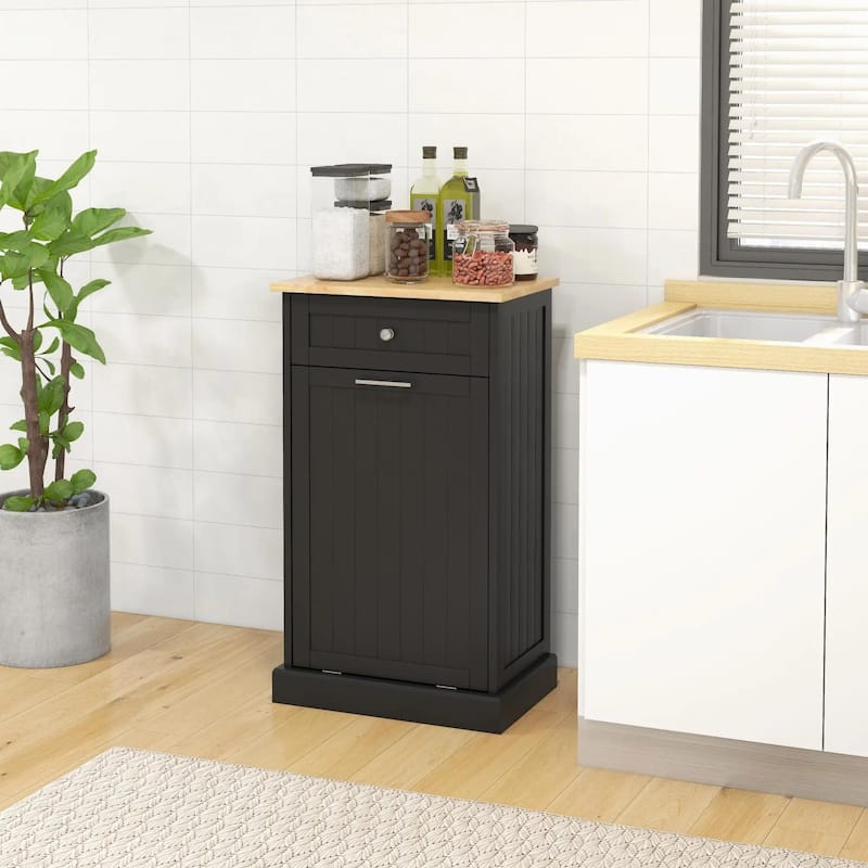 Kitchen Tilt Out Trash Bin Cabinet Free Standing Recycling Trash - Black