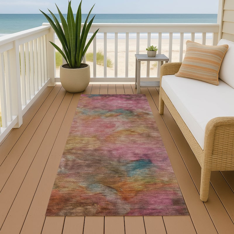 Machine Washable Indoor/ Outdoor Abstract Contemporary Chantille Rug - Pink - 2'3" x 7'6"