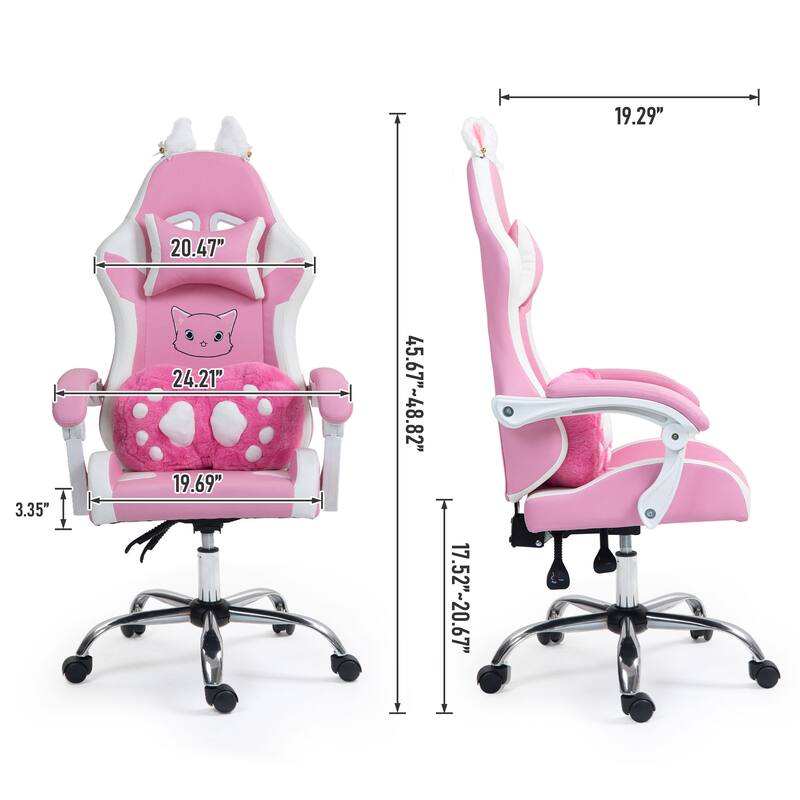Cute Gaming Chair with Cat Paw Lumbar Cushion and Cat Ears, Ergonomic Computer Chair,Reclining PC Game Chair