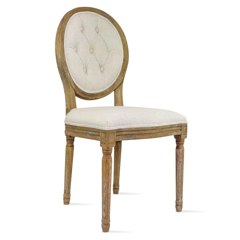 French Chic Vintage Style Dining Side Chair With Upholstered Linen Welted Fabric And Elegant Natural Rustic Wood Frame - Tufted Back - Beige