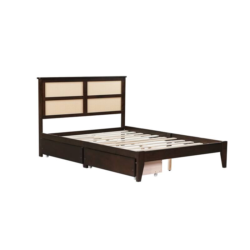 Bed with Rattan Headboard, Two Storage Drawers, Rubber Wood Bed with Enhanced Support Salts and Feet
