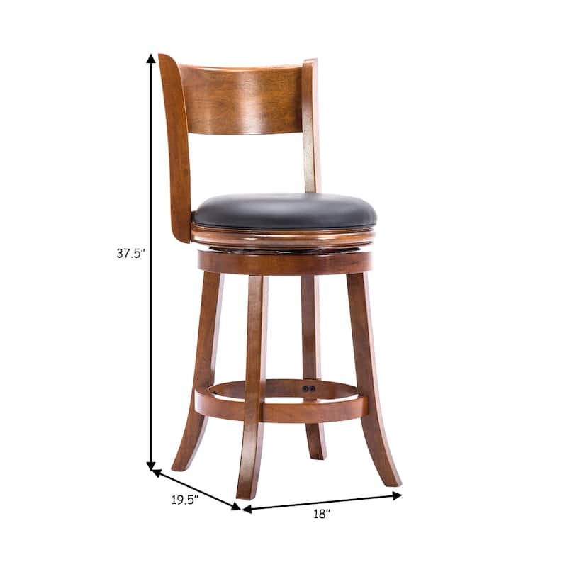 Pal 24 Inch Swivel Counter Stool, Solid Wood, Bonded Leather, Walnut Brown