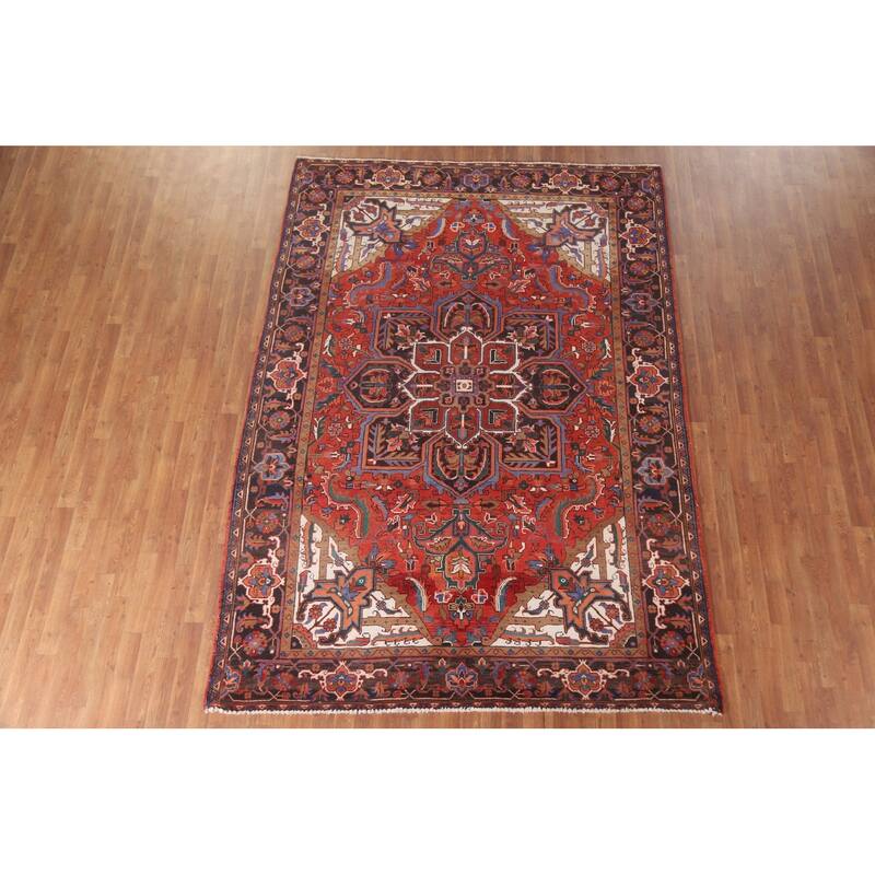 Hand Knotted Oriental 100% Wool Carpet Traditional Medallion Red Heriz Area Rug - 9' 7'' X 6' 11''