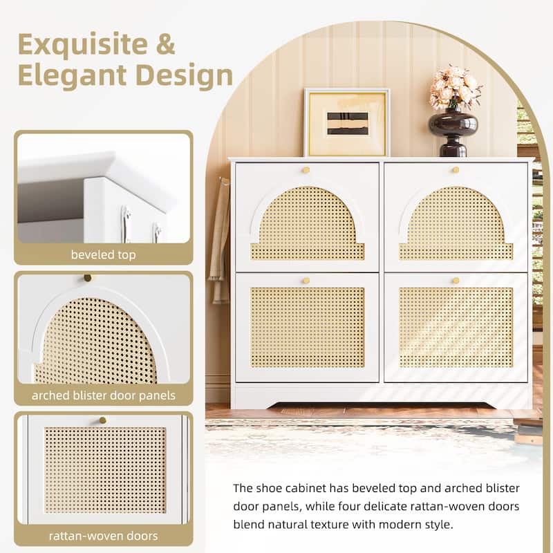 Mid-Century Narrow Design Tipping Bucket Shoe Cabinet with 4 Flip Drawers with Rattan Doors and Hooks