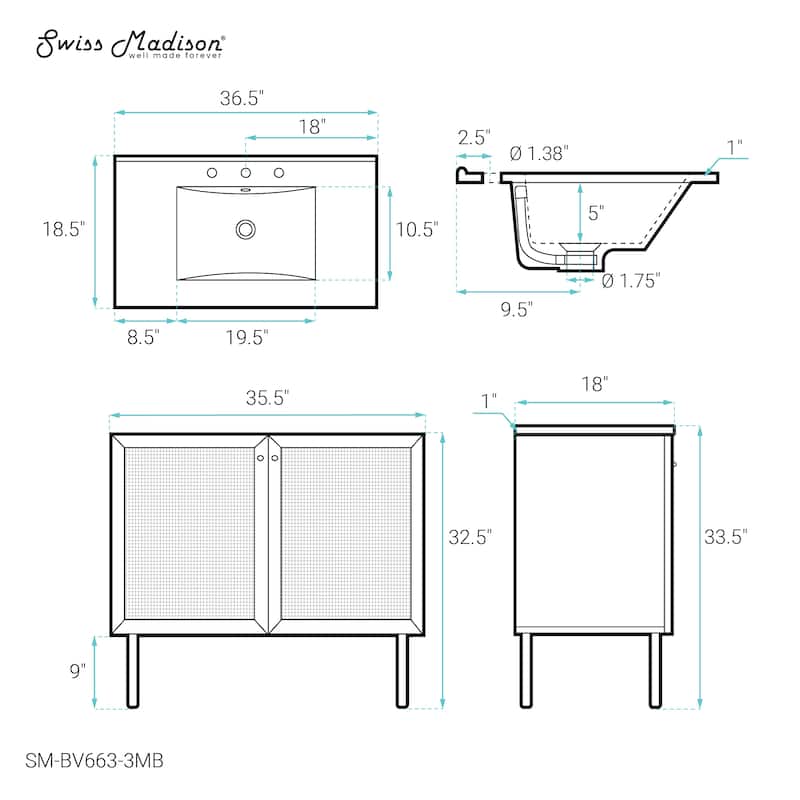 Classe 36 In. Oak Bathroom Vanity With Black, 3-Hole Ceramic Sink Top