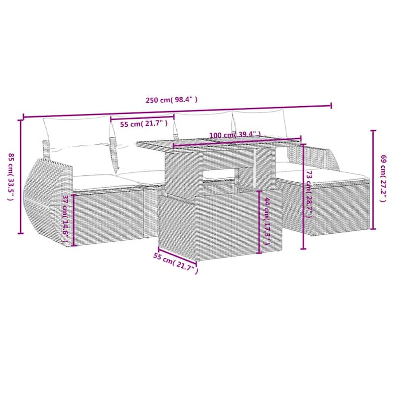 vidaXL Patio Sofa Set with Cushions Outdoor Furniture 6 Piece Poly Rattan - 21.7 x 24.4 x 27.2