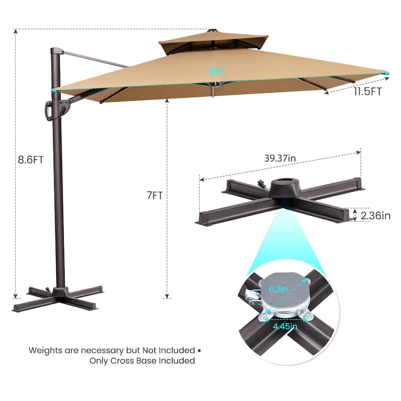9 x 11.5 FT Patio Outdoor Patio Dual Top Cantilever Umbrella with No Base