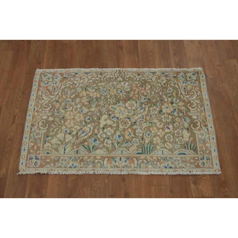 Hand Knotted Oriental 100% Wool Carpet Traditional Floral Brown Kerman Area Rug - 2' 10'' X 1' 9''