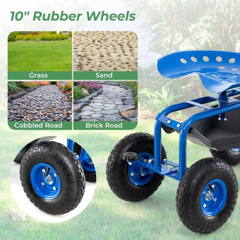 Gymax Cart Wagon Rolling Work Seat w/ Tool Tray Basket Planting Patio