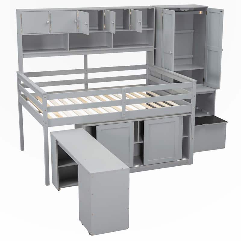 Full Size Wooden Loft Bed Big Storage with Under bed Desk