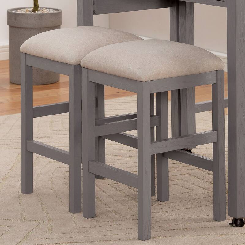 2-Piece Light Gray Stool Set - Beige Fabric Cushion Seat
