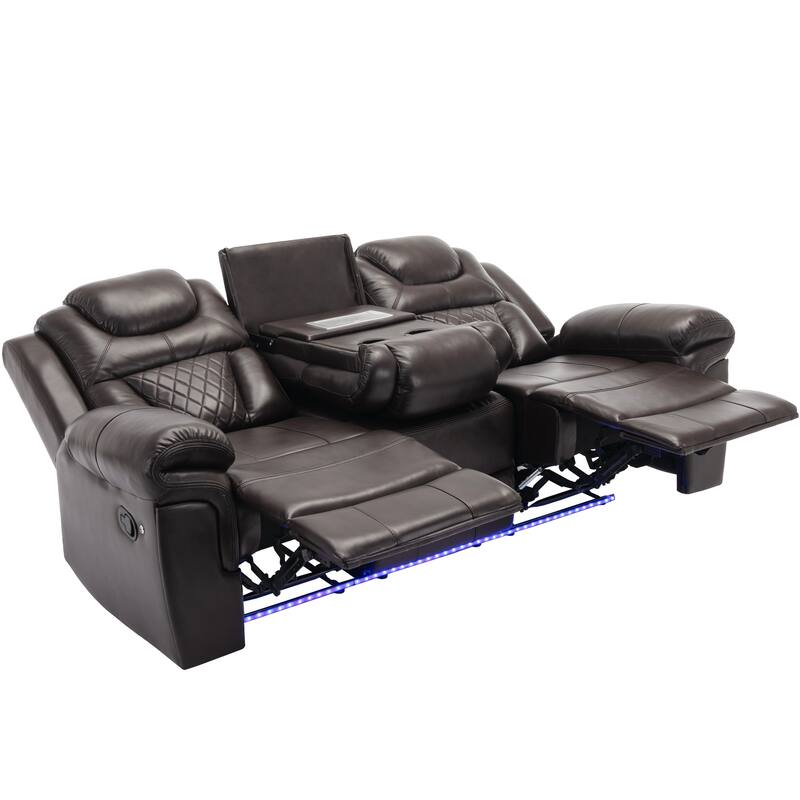 Home Theater Seating Manual Recliner Chair with Center Console and LED Light Strip for Living Room, Black