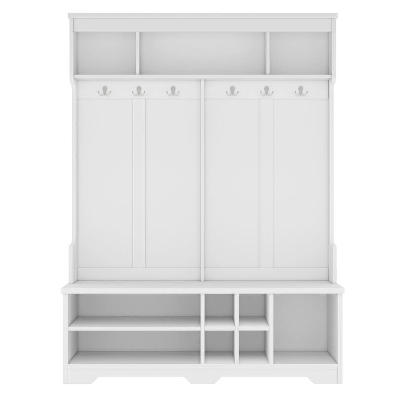 Modern Entryway Coat Rack, Multi-Functional Entrance Coat Rack with 6 Hooks and Shoe Cabinet, White