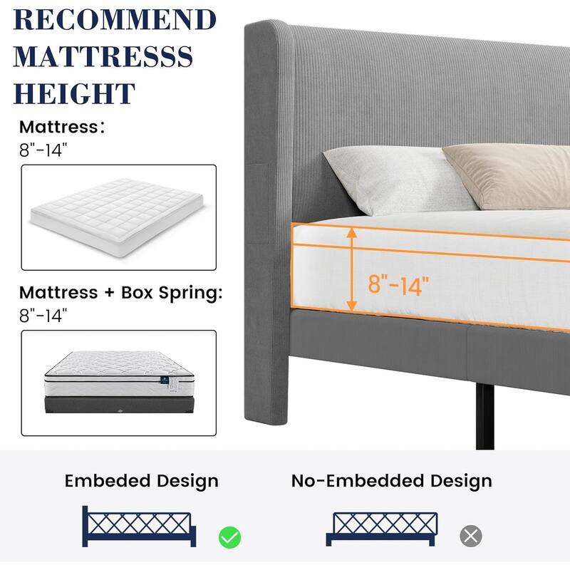 Platform Bed Frame with Upholstered Wingback Headboard