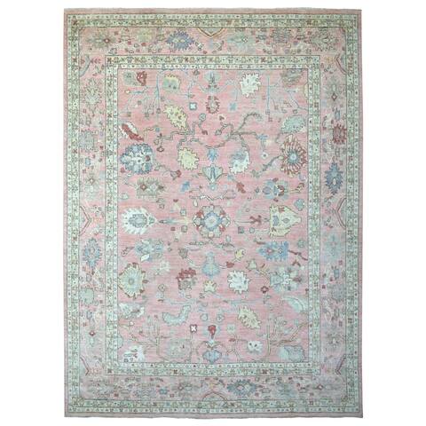 Hand Knotted Pink Oushak And Peshawar with Wool Oriental Rug (11'7" x 15'1") - 11'7" x 15'1"