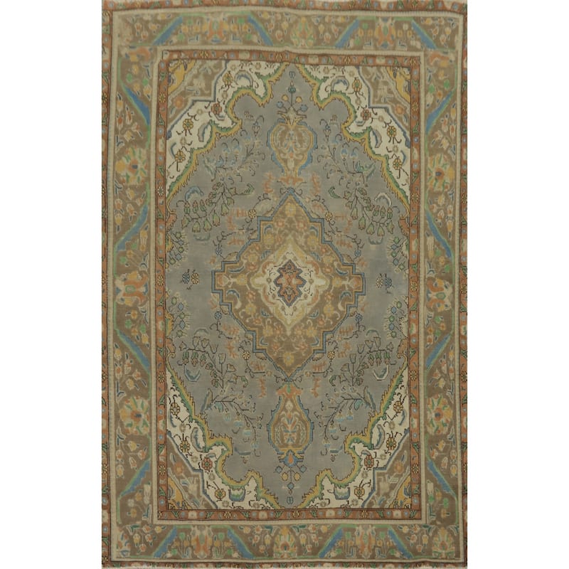 Hand Knotted Oriental 100% Wool Carpet Traditional Floral Greys & Charcoal Tabriz Area Rug - 9' 5'' X 6' 5''