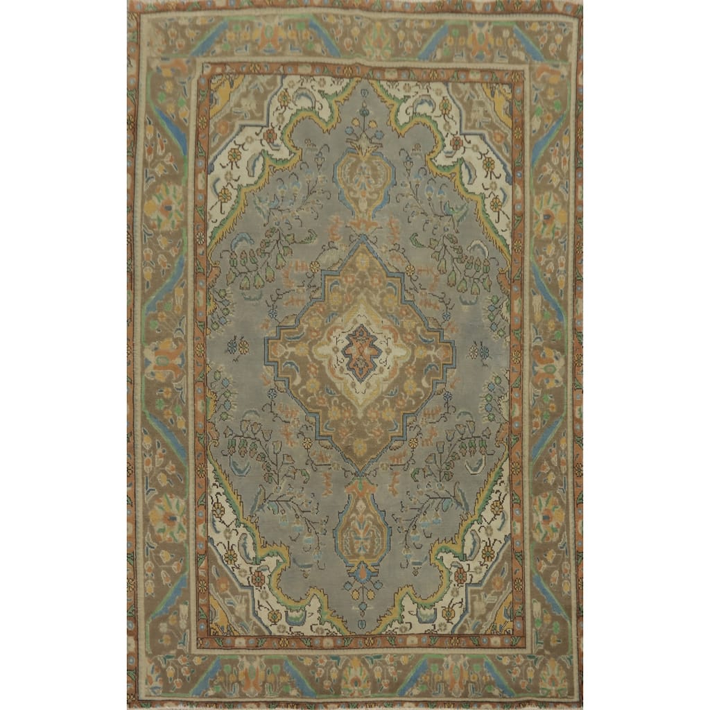 Hand Knotted Oriental 100% Wool Carpet Traditional Floral Greys & Charcoal Tabriz Area Rug - 9' 5'' X 6' 5''
