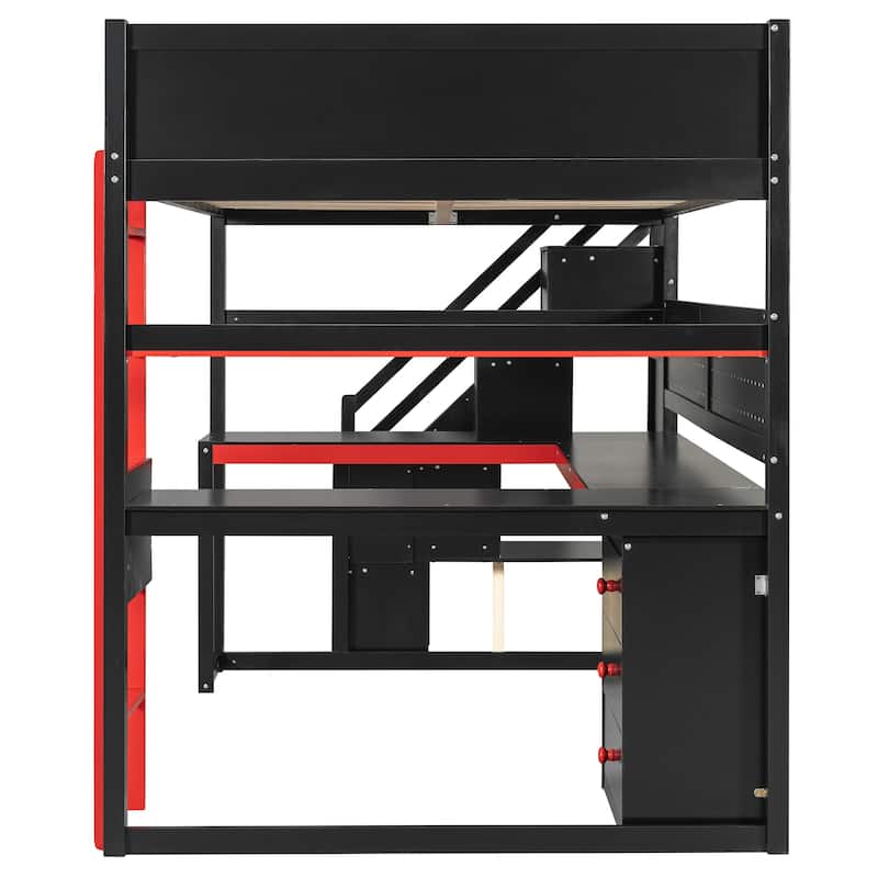 Gaming Loft Bed with Storage Stairs & Desk, Video Game Bed Wood Loft Bed Frame with Pegboard for Teens