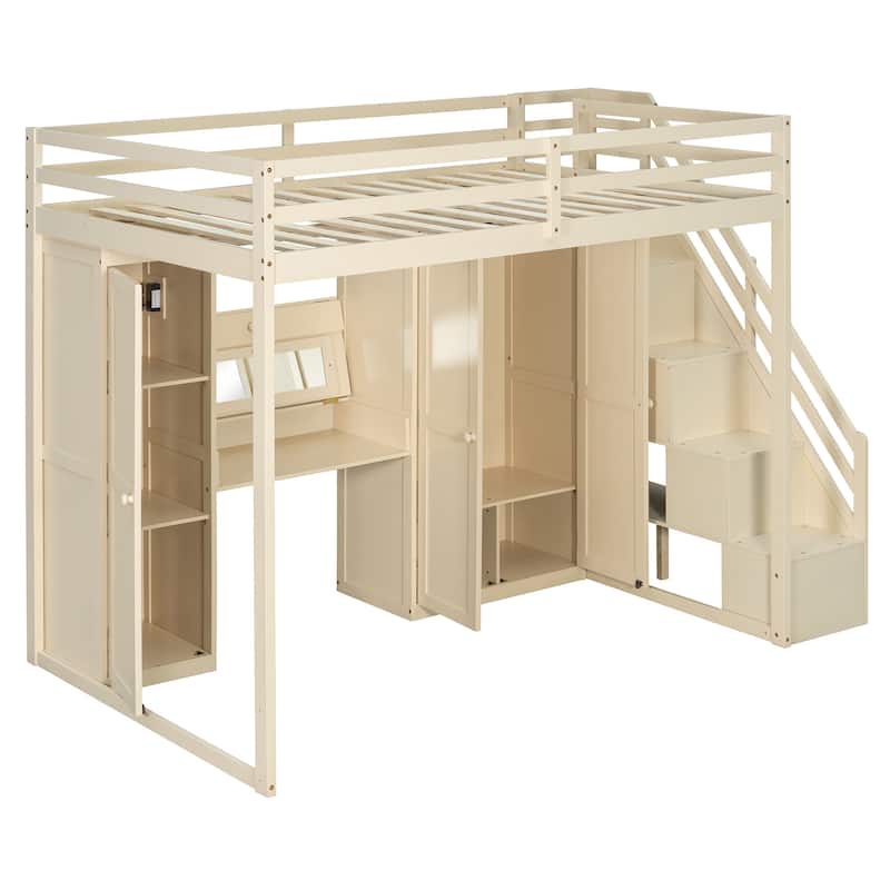 Full Size Loft Bed with Storage Staircase, Built-in Dressing Table, Mirror & Wardrobe - USB Charging & Lights