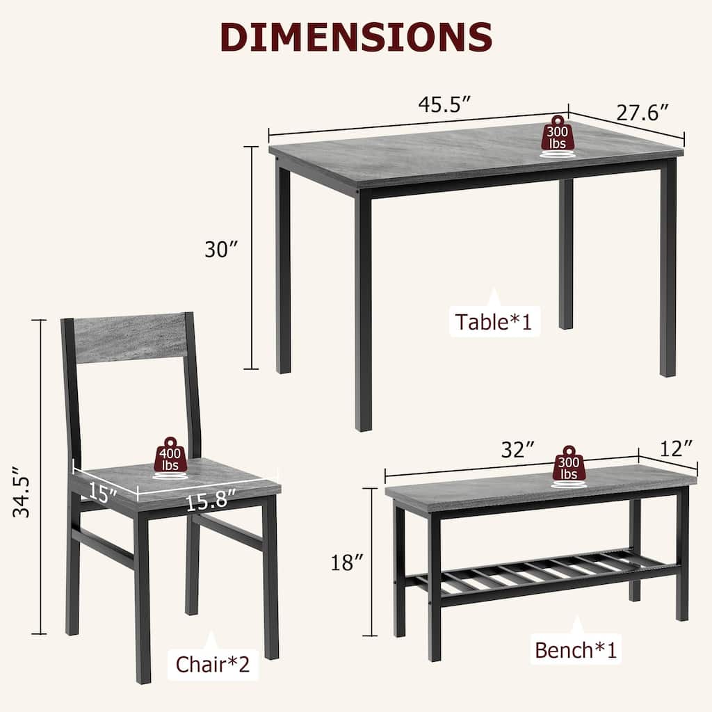 Dining Set for 4 with Table, Chairs & Bench, Metal Frame with Storage Rack, Ideal for Small Dining Room Area