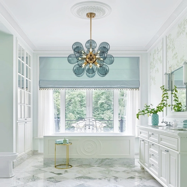 18-Light Cluster Blue Glass Bubble Chandelier - 25in Wide Gold