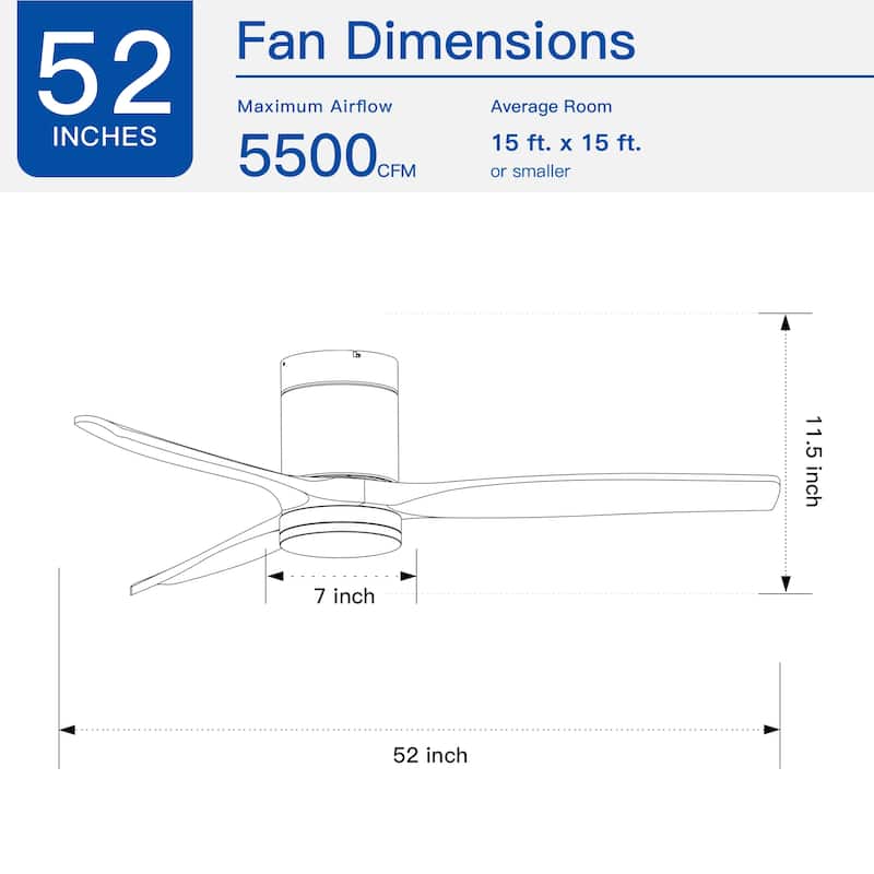 52In. Farmhouse Indoor Flush Mount Low Profile Ceiling Fan with Solid Wood Blades - 52 INCHES