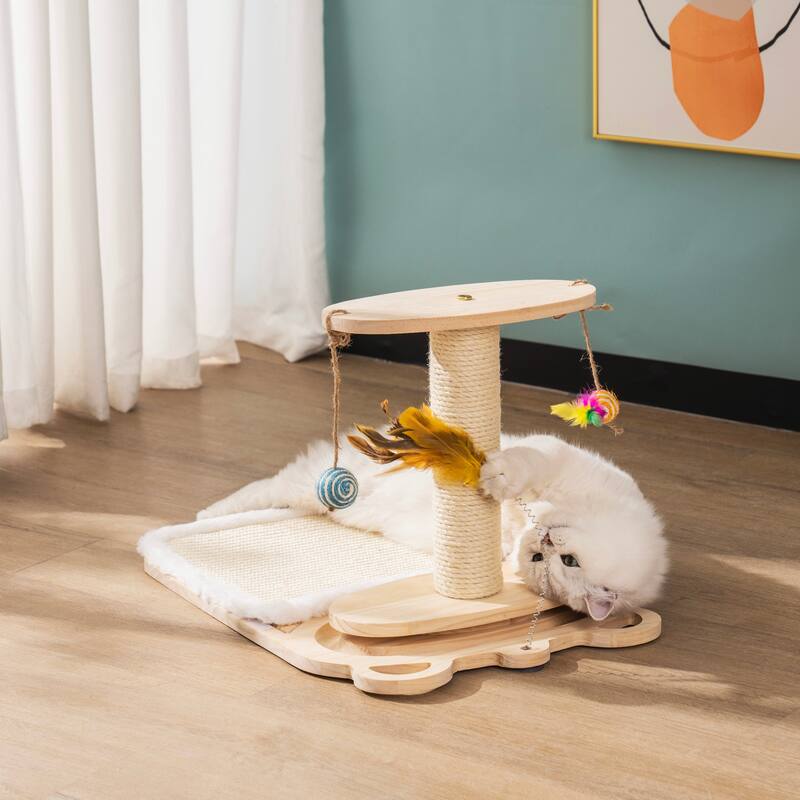Cat Toy 1-Layer Turntable Cat Ball Toy with Feather Stick,Cat Toy with 5 Interactive Balls ,Cat Scratching Post with Mat - Natural Wood Wash