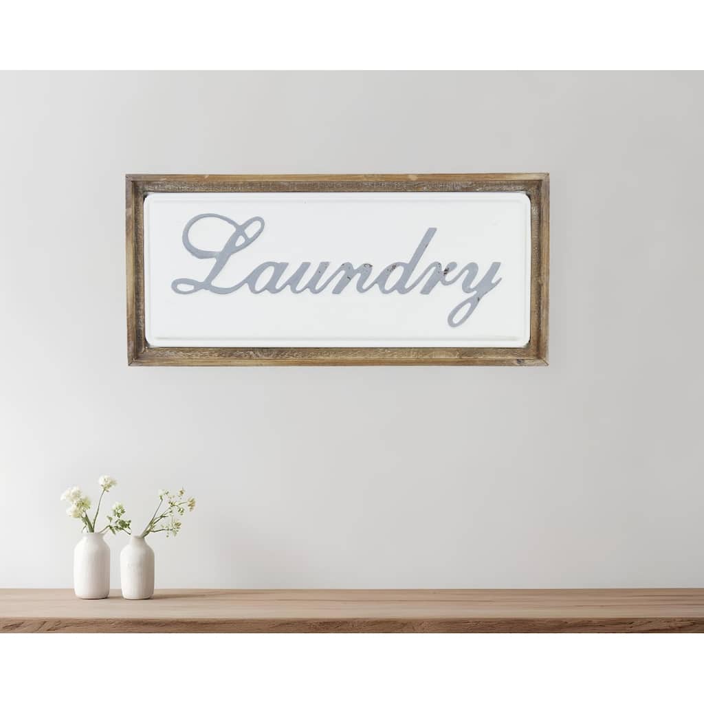 HomeRoots 11" X 24" Brown and White Laundry Wood and Metal Wall Decor