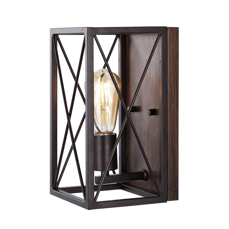 Arden X-Frame 6" 1-Light Farmhouse Rustic Iron LED Sconce, Oil Rubbed Bronze/Wood Finish by JONATHAN Y