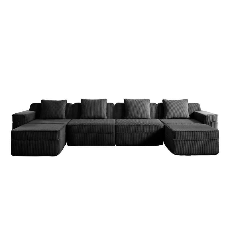 GDFStudio - Corduroy Modular 4-Seater 153.5" U-Shaped Boneless Cloud Sofa with 2 Ottomans