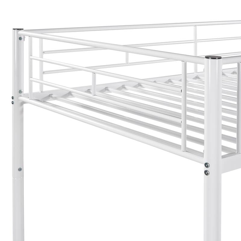 White Twin over Twin Metal Bunk Bed with Fence & Ladder