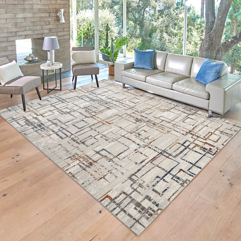Gertmenian Baku Gray/Beige/Blue/Ivory Polyester/Polypropylene Soft Plush Area Rug Collection