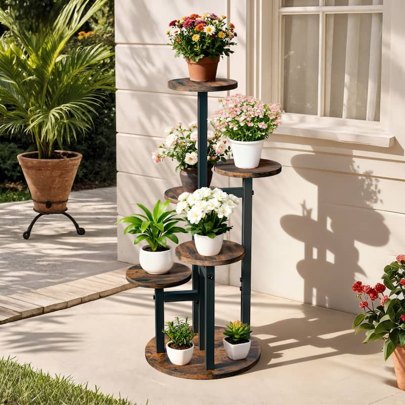 Iron Wood 5-Tier Plant Stand Round Corner Flower Shelf Indoor Outdoor