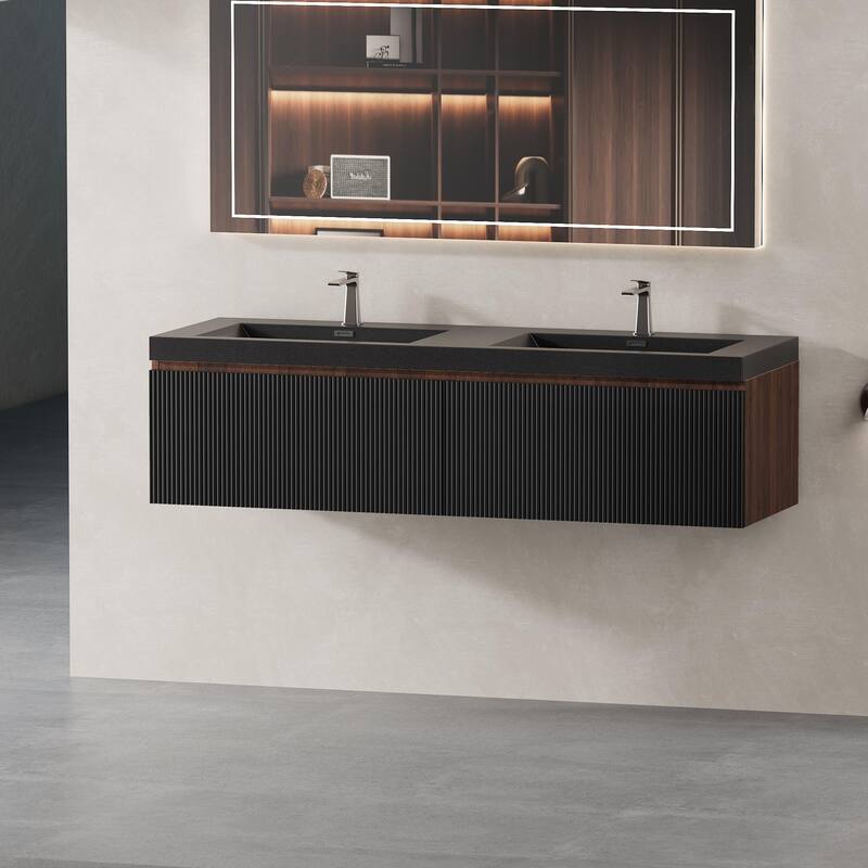 GDFStudio - Weston 60-Inch Floating Double Bathroom Vanity with Quartz Sand Basins and Fluted Storage Drawers