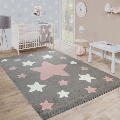 Nursery Rug with Stars for Kids Room Starry Sky in Grey and Cream