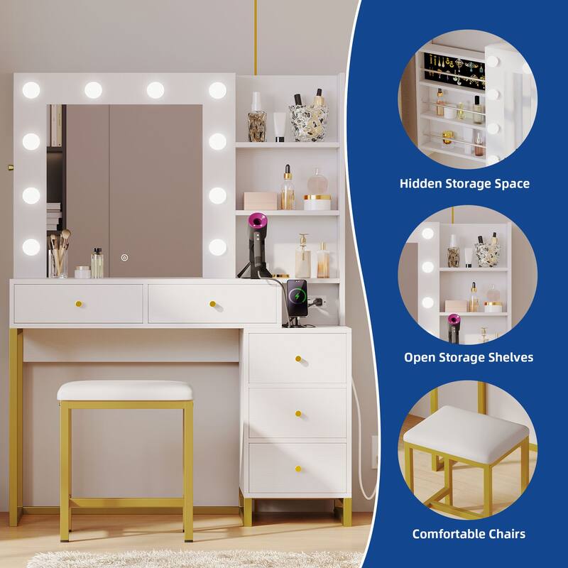 Moasis Makeup Vanity Set with Lighted Mirror & Stool, Sliding Hidden Jewelry Storage