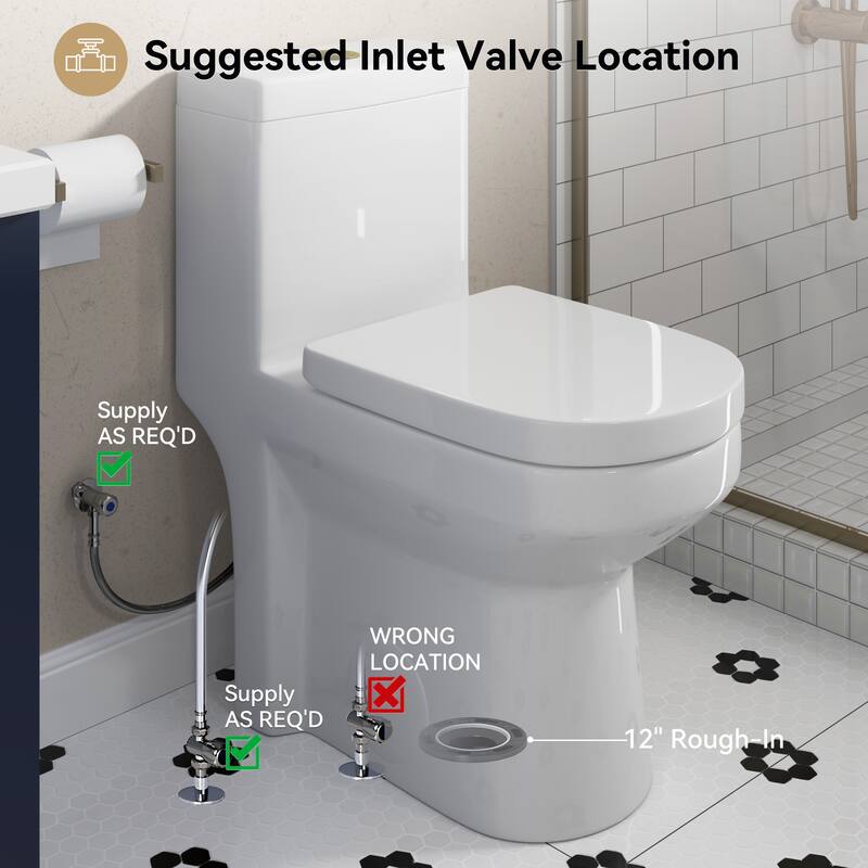 1 Piece High Efficiency Dual Flush Toilet White 0.8 1.28 GPF Seat Included Brushed Gold Button