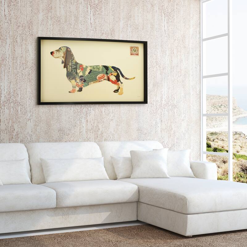 "Dachshund" Alex Zeng's dimensional collage, under glass & a black shadow box frame