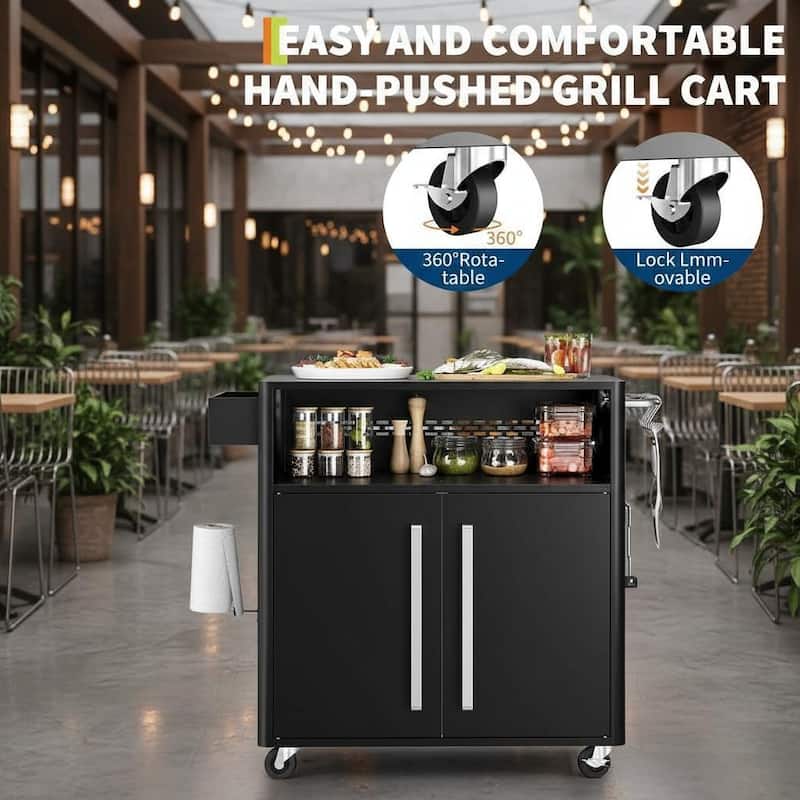 Black Outdoor Grill Cart, with Wheels