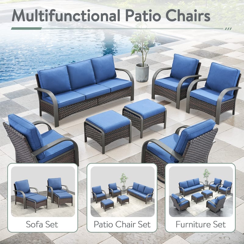4 Outdoor Patio Chairs with Fire Pit Table - Blue Cushion - Brown