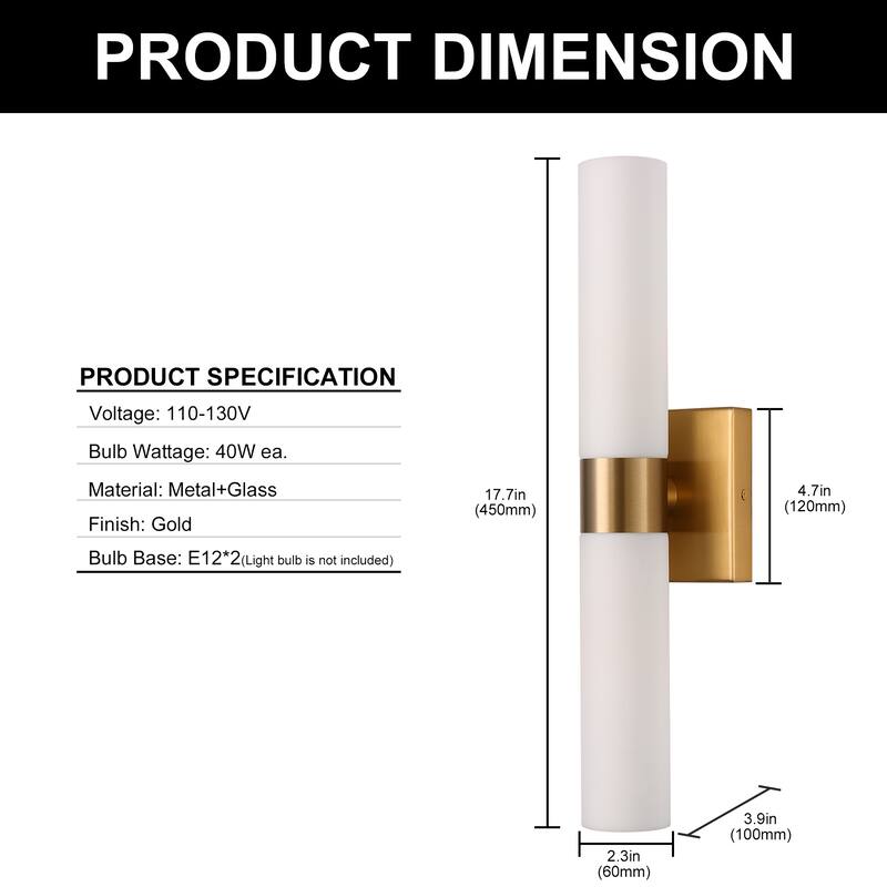 Wall Sconce Lighting Fixture Gold Wall Sconces Set of 2 with White Glass Shade Sconce Wall Decor Lamps Hardwired - 2.3*2.3*17.7