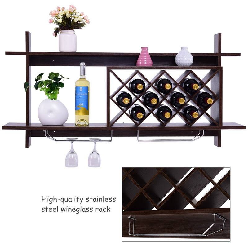 Gymax Wall Mount Wine Rack Organizer With Glass Holder & Storage Shelf